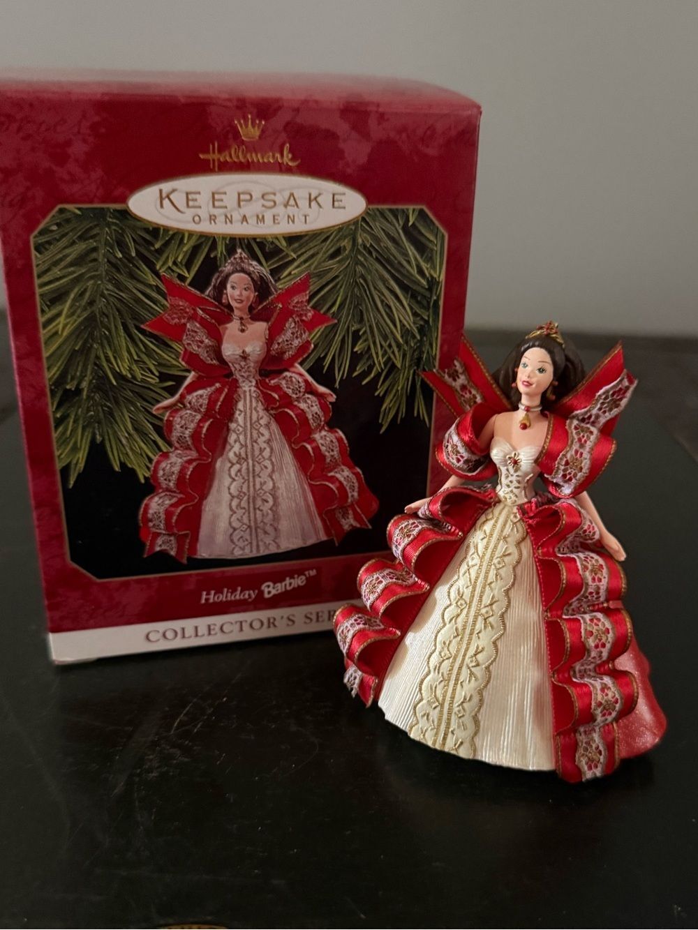 HALLMARK Keepsake Barbie Holiday Red Ribbon Lace Gown Christmas Ornament 1997